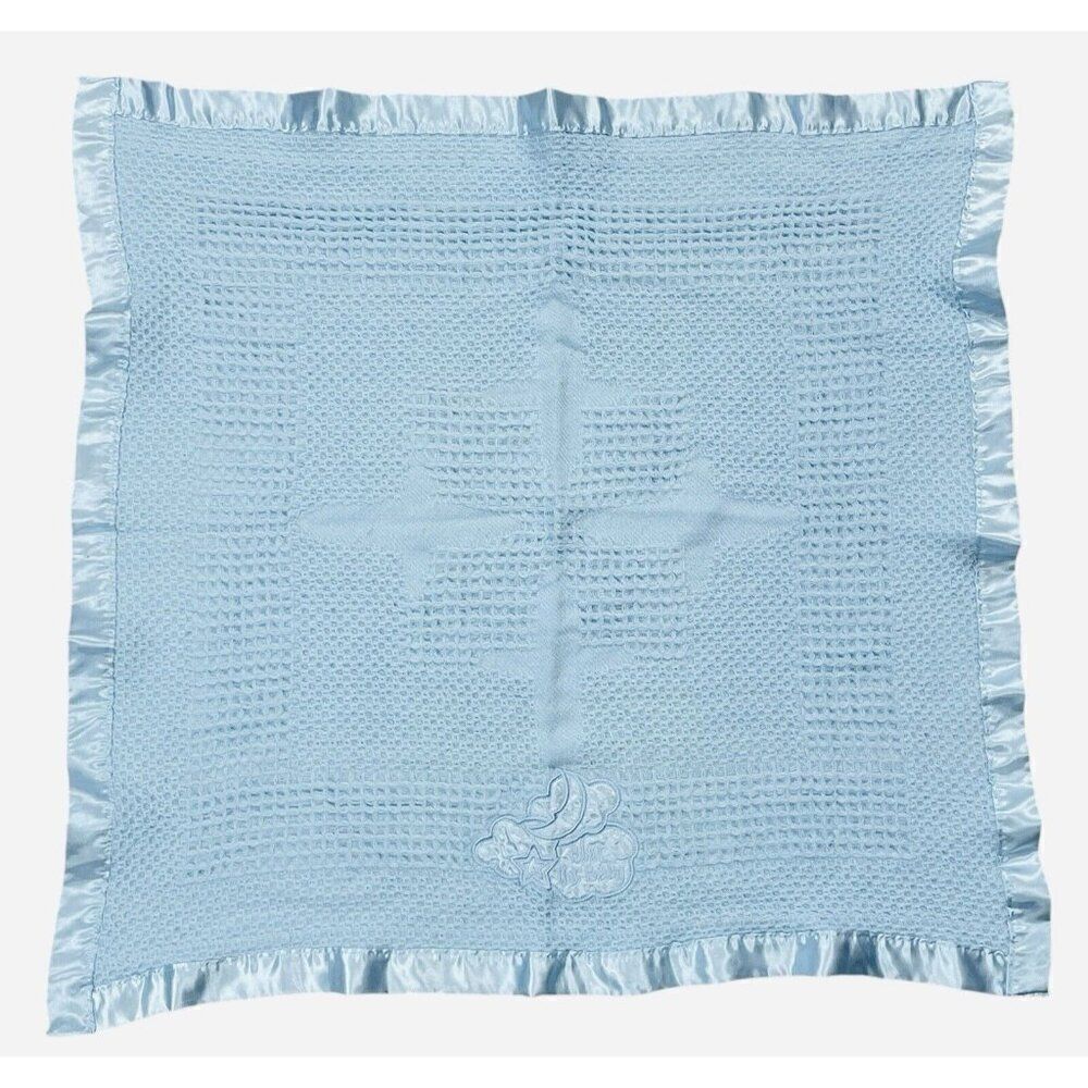 Kidgets Blue Waffle Weave Satin Edge Bless This Baby Blanket 28x29 Thermal Throw